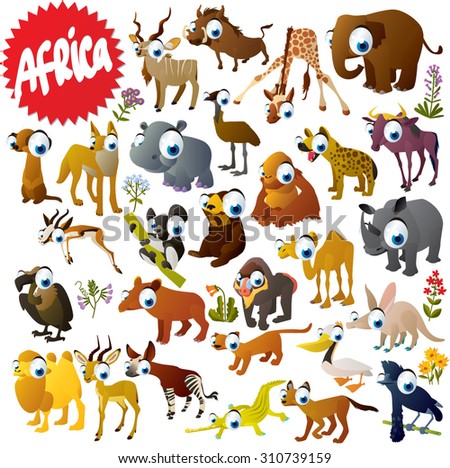 Cartoon African Animals Set: Gazelle, Elephant, Hippo, Rhino, Crocodile ...