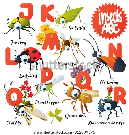 Cute vector animals ABC: Insects: junebug, katydid, netwing, mosquito, ladybug, queen bee, owlfly, rhinoceros beetle, grasshopper