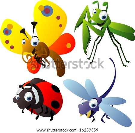 vector animal set 53: insects: praying mantis, butterfly, ladybug, dragonfly