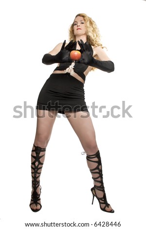 Forbidden Fruit series, woman wearing sexy miniskirt with various props.