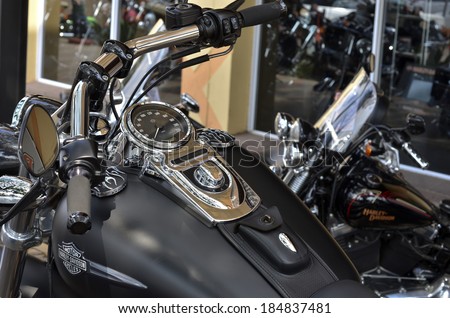 PRETORIA, SOUTH AFRICA - MARCH 29, 2014: Harley Davidson motorcycle dashboard and speedometer detail.