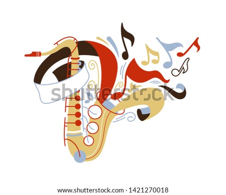 Saxophone flat vector illustration. Sax with notes isolated clip art. Professional brass instrument. Classic music, jazz concert performance. Saxophonist equipment with ribbon and notes Stock fotó © 