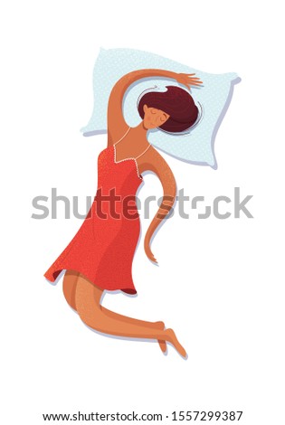 Girl sleeping on her back vector illustration. Female brunette sleeper cartoon character lying on blue pillow. Sleeping woman flat drawing isolated on white background. Bedtime concept