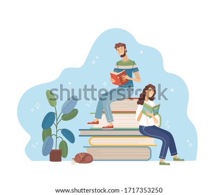 Young man and woman reading while sitting on stack of big books. Happy people relaxing with book cartoon vector illustration. Students study in library, literary club or book festival concept.