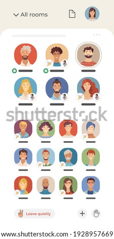 Clubhouse application interface vector template. Diversity of speakers and listeners flat avatars. Audio chat social networking app. Voice messages. Room design. Various people online communication