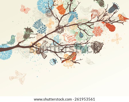 Vector nature background. Ornate tree branch, flowers and birds background. There is place for your text..