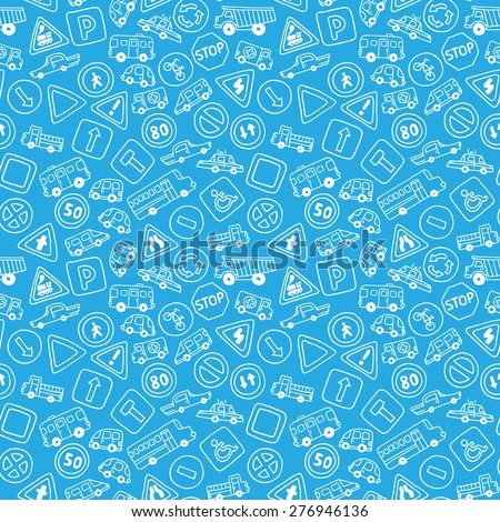 Seamless pattern of doodles road signs and cars. Vector blue and white background in cartoon style. Can be used for children wallpapers, web site background or wrapping paper.