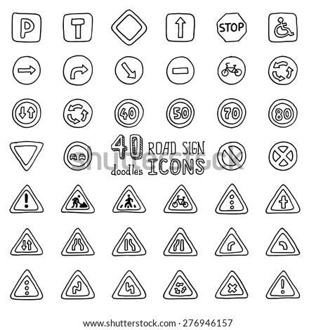Vector set of doodles road sign icons. Hand-drawn design elements isolated on white background.