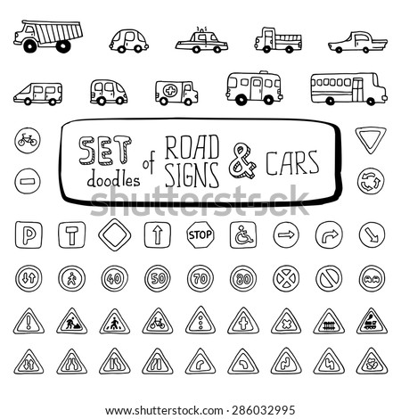 Vector set of doodles road signs and cars. Hand-drawn design elements isolated on white background.