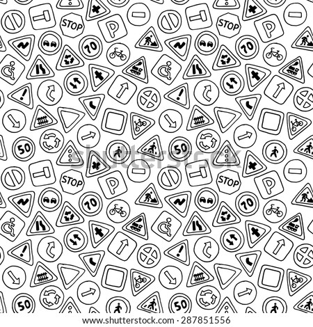 Seamless pattern of road signs. Vector black and white background in cartoon style. Can be used for children wallpapers, web site background or wrapping paper.
