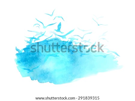 Vector watercolour blue illustration. Flying seagulls from watercolour stain isolated on white background. There is place for text.