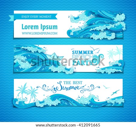 Vector set of sea/ocean horizontal banners. Bright decorative illustration. Summer beach party. The best summer. There is place for your text on white background. 