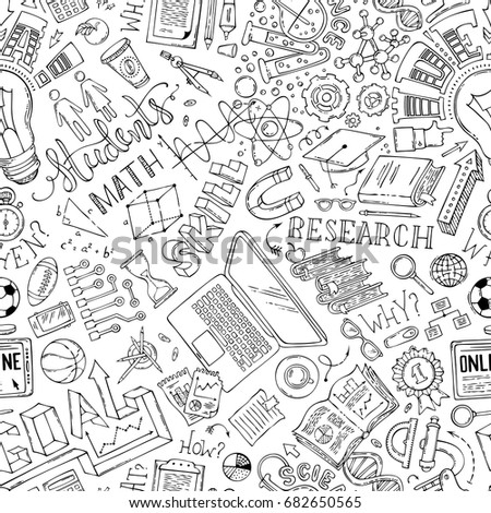 Vector seamless doodles education pattern. Science, math, technic, laboratory, chemistry, research symbols. Hand-drawn boundless background. Colouring book for adults template.