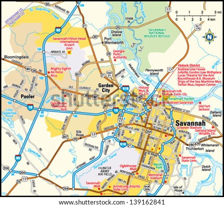 Savannah, Georgia Area Map Stock Vector Illustration 139162841 ...