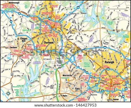 Raleigh And Durham, North Carolina Area Map Stock Vector 146427953 ...