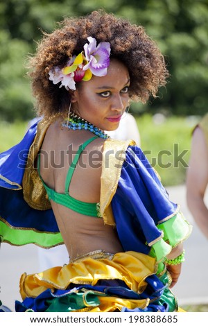 WARSAW, POLAND, June 8: Unidentified Carnival dancer on the stage on XII Brazilian Festival on June 8, 2014 in Warsaw, Poland.