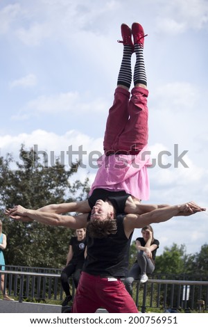 Warsaw, poland - May 30: Artists perform in their acrobatic show at 18. Science Picnic, on May 30, 2014 in Warsaw.