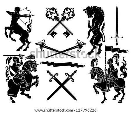 Set of black silhouette on knight, minotaur and centaur heraldry element.