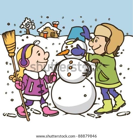 Kids Make A Snowman.Hand Drawing Illustration Of A Two Kids Make A ...