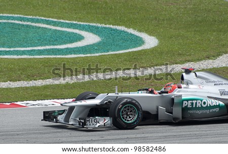 SEPANG, MALAYSIA-MARCH 23 : Formula One driver Michael Schumacher of Mercedes F1 team races during the first practice session on March 23, 2012 at Sepang International Circuit in Sepang, Malaysia.