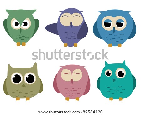 Set Of Six Cartoon Owls With Different Expressions Stock Vector ...