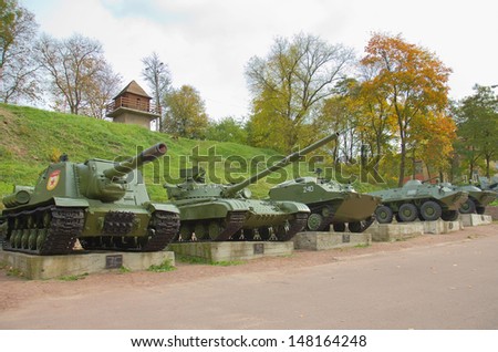 Old Green Heavy War Tanks used in Second World War II in a park, Korosten, Ukraine