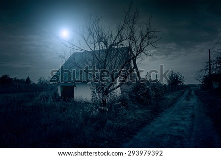 Spooky house in the forest at night