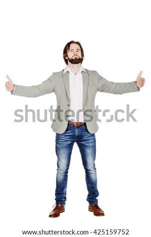 man in a grey jacket holding two hands in front of him and shows the size on white isolated background in studio. human emotion, facial expression, feeling attitude 商業照片 © 