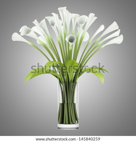 bouquet of lilies in glass vase isolated on gray background