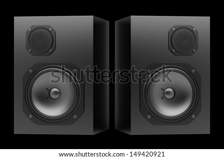 two black audio speakers isolated on black background