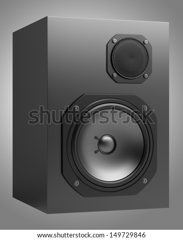 single black audio speakers isolated on gray background