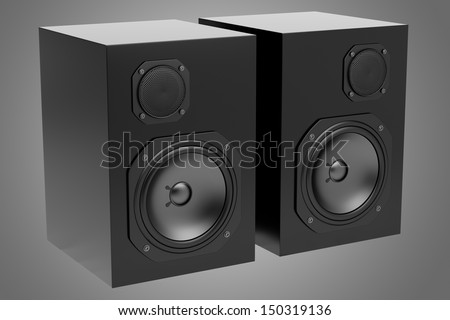 two black audio speakers isolated on gray background