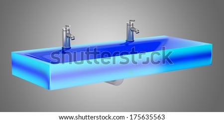 modern blue glass double bathroom sink isolated on gray background