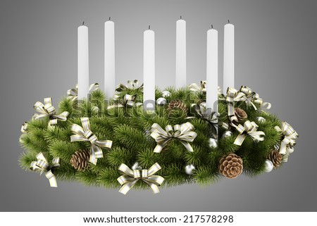 christmas table decoration wreath with candles isolated on gray background