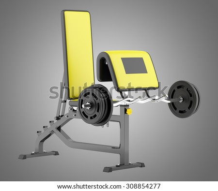 gym arm curl bench with barbell isolated on gray background