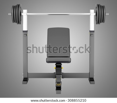 gym adjustable weight bench with barbell isolated on gray background