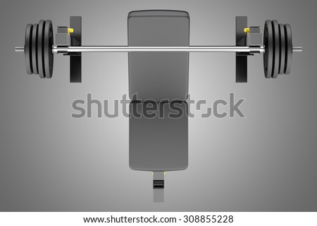 top view of gym adjustable weight bench with barbell isolated on gray background