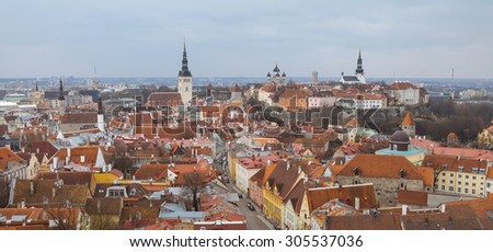 Old Tallinn panorama from Oleviste church. Baltic travel, medieval view.