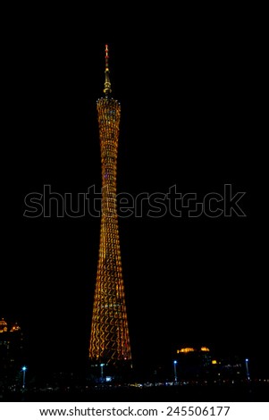 GUANGZHOU - JAN 4: Guangzhou TV Tower  , JAN 4, 2015, Guangzhou, China. Colorful Night scene of Guangzhou TV Tower that tallest tower in China