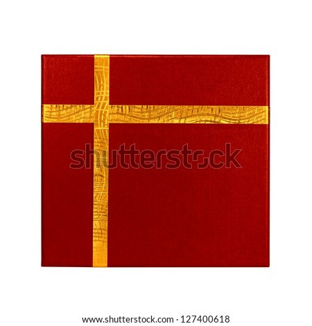 Red gift box with simple gold ribbon wrapping, isolated on white background