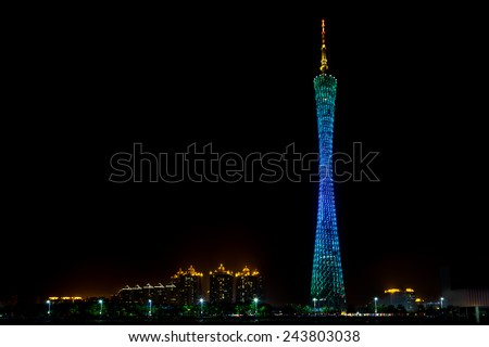 GUANGZHOU, CHINA - 04 JANUARY 2015 - Night scene of TV tower (Canton tower) at Zhujiang river (Pearl river) waterfront in Guangzhou, China.