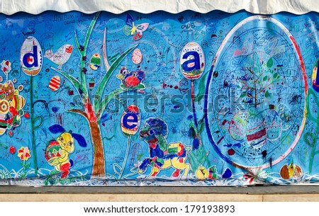 LVOV, UKRAINE - MAY 03:  During the festival of easter eggs in the center of Lvov, each of participants or tourists could leave the autograph or a wish on banner on May 03, 2013 in Lvov, Ukraine