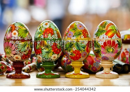 LVOV, UKRAINE - APRIL 28: Four painted easter eggs close-up at the Easter fair in the city centre on April 28, 2013 in Lvov, Ukraine