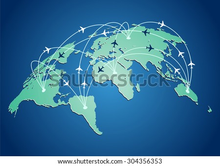 World map with flight routes airplanes in vector