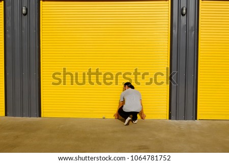 Image, Stock Photo opened warehouse door with unexpected noble blue curtain