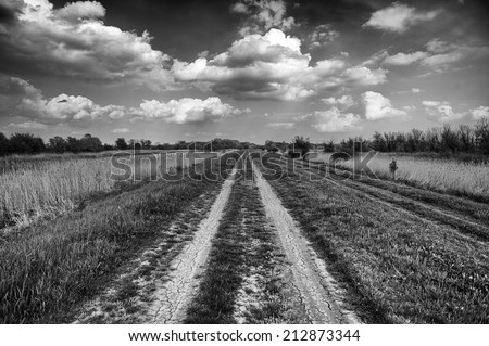 black and white landscape with old countryside road