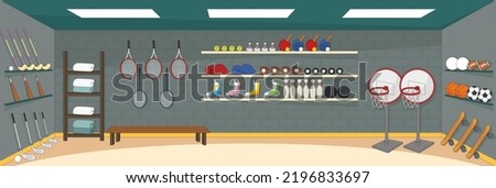 Cute and nice design of Sporting Goods Shop with furniture and interior objects vector design
