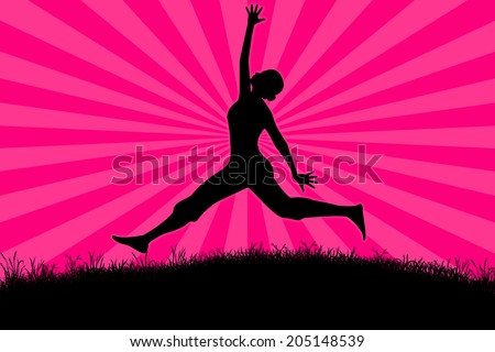 Women enjoying life and jumping in the air over a radial background.