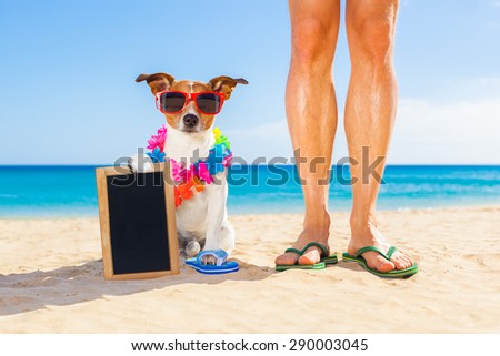dog and owner sitting close together at the beach on summer vacation holidays, holding an empty blank blackboard or placard