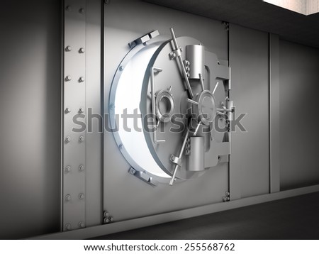 Slightly opened door to a massive bank vault